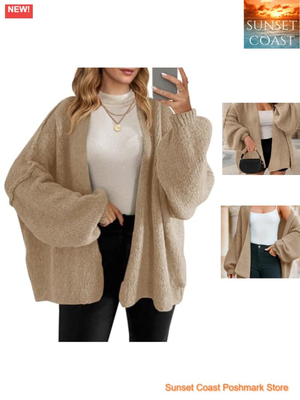 Oversized Open Front Chunky Knit Cardigan Sweater Lantern Sleeve